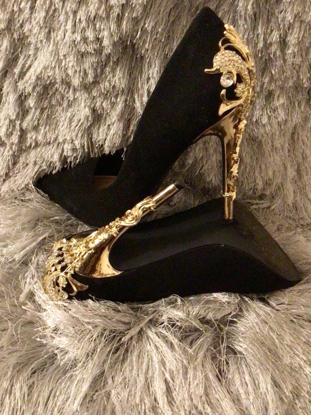 Black pointed toe Satin suede golden rose emblemed heel shoe